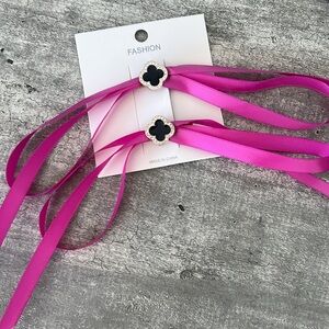 Pink Ribbon Hair Clips with Black Clover Pendant